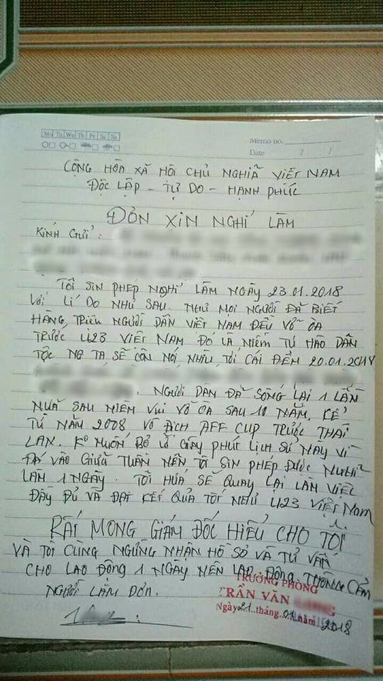 MXH tràn ngập đơn xin nghỉ phép để đi xem tuyển U23 Việt Nam đá trận bán kết - Ảnh 1. MXH tràn ngập đơn xin nghỉ phép để đi xem tuyển U23 Việt Nam đá trận bán kết 1