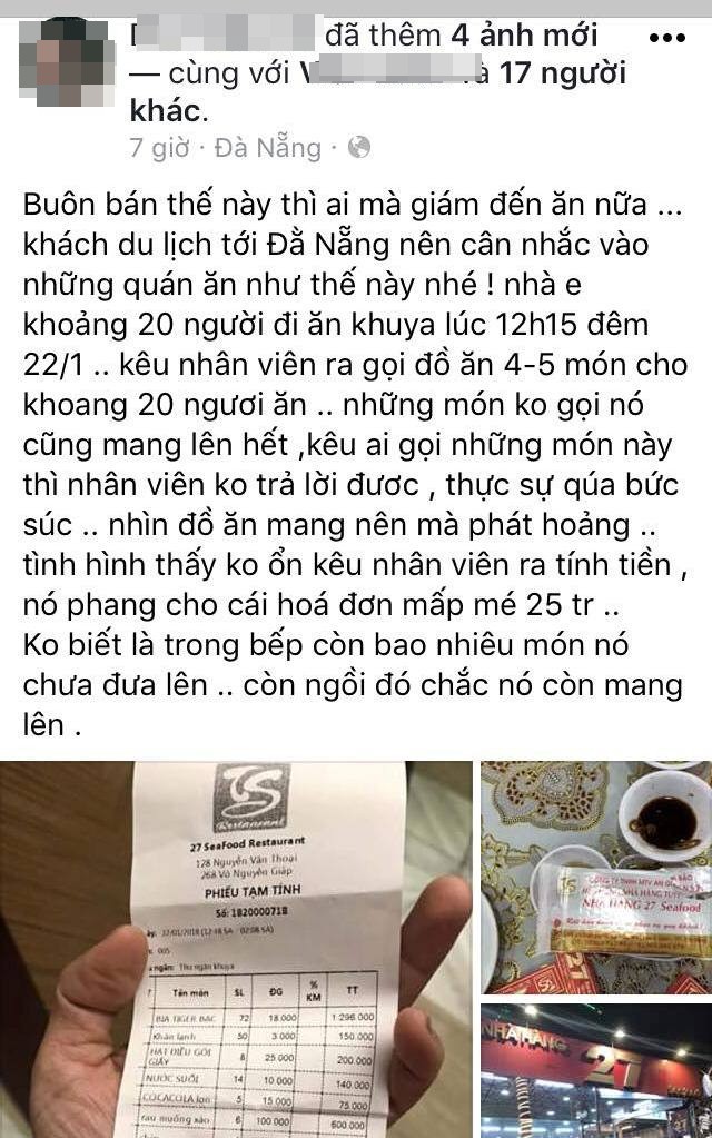 Ê kíp của ca sĩ Quang Lê tố bị chặt chém bữa ăn khuya gần 25 triệu đồng, nhà hàng ở Đà Nẵng nói gì? - Ảnh 1. Nhà hàng bị ê kíp của ca sĩ Quang Lê tố bị chặt chém bữa ăn khuya gần 25 triệu đồng nói gì? 1