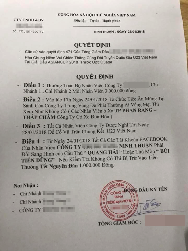 Sếp của năm: Thưởng mỗi nhân viên 3 triệu đồng, cho nghỉ luôn để cổ vũ chung kết, nếu U23 vô địch, thưởng tiếp mỗi nhân viên 3 tháng lương - Ảnh 1. Sếp của năm: Thưởng mỗi nhân viên 3 triệu đồng, cho nghỉ luôn để cổ vũ chung kết, nếu U23 vô địch, thưởng tiếp mỗi nhân viên 3 tháng lương 1