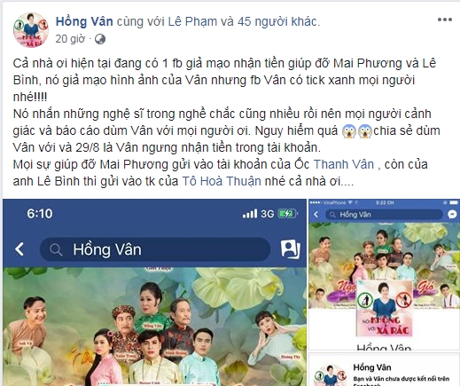 Mạo danh Hồng Vân, Quốc Thuận trên Facebook nhằm lừa tiền hỗ trợ Lê Bình, Mai Phương 3