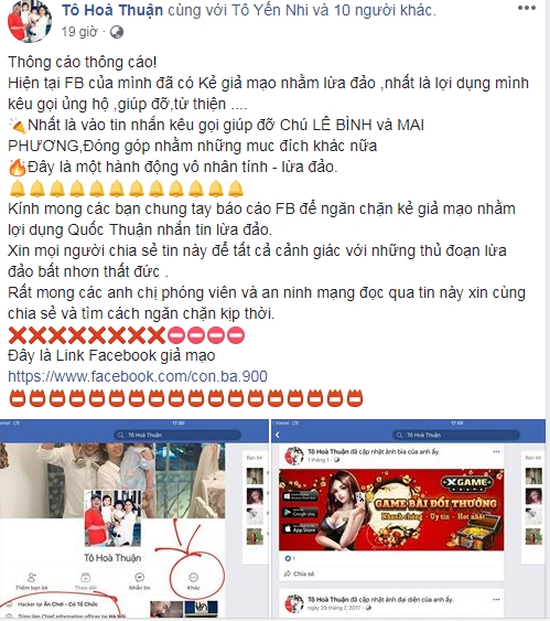 Mạo danh Hồng Vân, Quốc Thuận trên Facebook nhằm lừa tiền hỗ trợ Lê Bình, Mai Phương 2