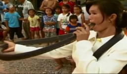 Cận cảnh người phụ nữ ngậm miệng con rắn độc