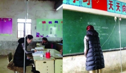 Nữ giáo viên vừa dạy học vừa truyền nước