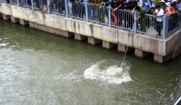 Dân vây kín xem tìm kiếm xác cụ bà nhảy cầu tự tử