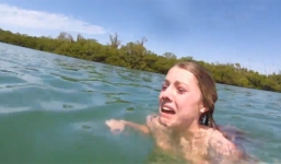 Bắt gặp thủy quái khi đang tắm biển, cô gái la hét cố bơi vào bờ