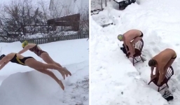Video: Người Mỹ đua nhau mặc áo tắm lặn ngụp giữa tuyết