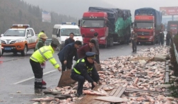 Xe tải bị lật, hàng tấn cá 'bơi' trên cao tốc