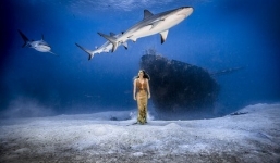 Liều lĩnh lặn bơi cùng cá mập dưới đáy biển để chụp ảnh