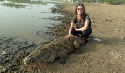 Nữ du khách 'âu yếm' cá sấu chụp ảnh