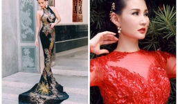 Hoa hậu Quý bà Sương Đặng gợi cảm với váy dạ hội họa tiết rồng