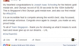 Thủ tướng Singapore 'phát sốt' với kỷ lục Olympic của kình ngư Joseph 