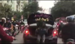 'Người vận chuyển' nằm trong cốp ô tô để giữ chậu hoa trên đùi