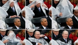 Video: Phì cười cảnh Bush loay hoay với áo mưa trong lễ nhậm chức của Trump