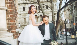 Ngọc Trinh lộ hình mặc váy cưới rạng rỡ ở nước ngoài