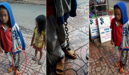 Bé trai bị xích chân, lang thang giữa chợ cùng em ruột