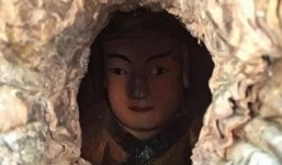 Đầu tượng Phật lộ ra từ thân cây khổng lồ 1.000 tuổi