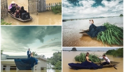Bất chấp mưa lũ dâng cao, cô dâu chú rể Ninh Bình vẫn leo lên nóc nhà chụp ảnh cưới gây 'sốt' MXH