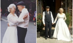 Hình ảnh cô dâu tóc bạc mặc váy cưới trắng, chú rể chống gậy móm mém cười trên phố Hà Nội gây sốt mạng