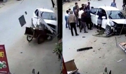 Được chồng dạy lái xe, vợ đạp nhầm chân đâm nát quán ăn trên đường