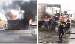 Xe tải chở đầy bật lửa gas bốc cháy ngùn ngụt trên đường, tài xế đạp cửa thoát thân