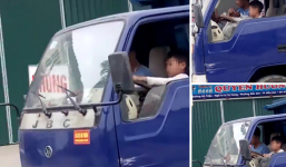 Hoảng hốt phát hiện bé trai lái xe tải chạy băng băng trên đường