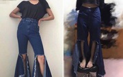 Order quần jean ống loe bắt 'trend' trên mạng, cô gái diện vào rồi đứng lên cả ghế mới vừa