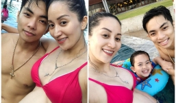 Khánh Thi bầu 8 tháng vẫn diện bikini du lịch cùng chồng con