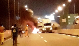 Ôtô tông xe container trên cao tốc Long Thành rồi cháy dữ dội, 2 người chết