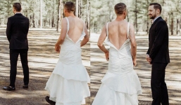 Chú rể hồi hộp đợi cô dâu xuất hiện nhưng khi quay người lại anh bỗng thấy một người đàn ông mặc váy cưới cười rạng rỡ