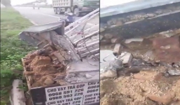 Xôn xao hình ảnh cổng chào bị xe tải kéo đổ lộ phần trụ toàn cát