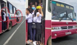 Thót tim cảnh hàng chục học sinh đu bám cửa xe buýt đang chạy trên quốc lộ