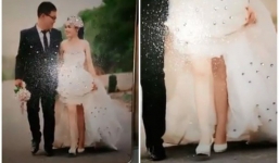 Cô dâu đi chụp ảnh gặp đúng phó nháy là người yêu cũ, photoshop ảnh cưới rất xinh, mỗi tội 1 chân trắng 1 chân đen