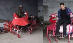 Bác nông dân Trung Quốc vừa chế ra xe hình con cua, biết bò tới bò lui nhưng hơi xóc