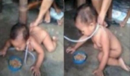 Phẫn nộ hình ảnh mẹ xích cổ con trai 18 tháng tuổi dưới sàn và bắt ăn như động vật