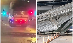 Xe tải kéo sập giàn giáo trước hầm Thủ Thiêm đã cơi nới chiều cao thùng trên 4,48m