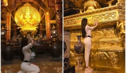 Thư Dung khiến dân tình lắc đầu ngán ngẩm vì tạo dáng phản cảm chốn linh thiêng