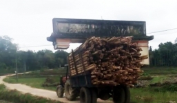 Xe công nông chở gỗ dỡ luôn cả cổng làng đi bon bon trên đường