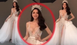 Hoa hậu Hương Giang bất ngờ lộ vòng 1 méo mó vì diện váy xẻ sâu trong hậu trường chụp ảnh