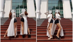 Hai nữ sinh sư phạm mặc áo dài với quần đùi tạo dáng phản cảm nhận cái kết đắng