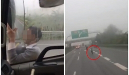 Clip: Tài xế giật bắn mình khi bị chặn đầu xe trên cao tốc