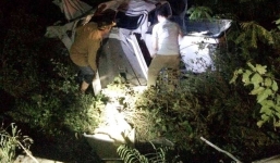 Xe bán tải đâm gãy nhiều cây rồi lao xuống ruộng, 2 người nguy kịch