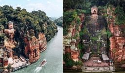 Hạn hán kéo dài ở Trung Quốc khiến tượng Phật khổng lồ đằm mình trong nước lộ diện toàn bộ