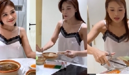 'Bạn gái đại gia' của Ngô Kiến Huy diện váy ngủ vào bếp, bị soi chi tiết đáng lo ngại