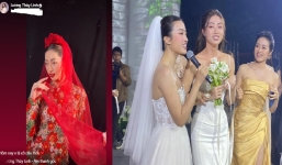 Vừa bắt được hoa cưới của Đỗ Mỹ Linh, Lương Thùy Linh lộ ảnh mặc váy cưới