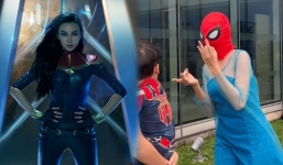 Sau khi bị bé Bo 'chê' với màn hóa thân thành Elsa, Thùy Tiên cực thần thái khi trở thành Captain Marvel