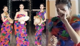 Đỗ Thị Hà gặp sự cố trên sàn diễn thời trang, nét sượng sùng hiện rõ trên gương mặt