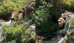Video: Cặp du khách Tây ôm nhau nhảy xuống thác Du Già ở Hà Giang khiến nhiều người thót tim