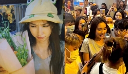 Biểu cảm khó đỡ của Thùy Tiên khi được fan tặng bó rau xanh sau khi về nước 
