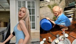 Xoài Non đẹp bất chấp dù ăn mặc giản dị ngồi rửa bát tại quê nhà