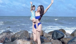 Hiếm hoi lắm mới thấy Thiên An khoe body mướt mắt cùng con gái trên biển